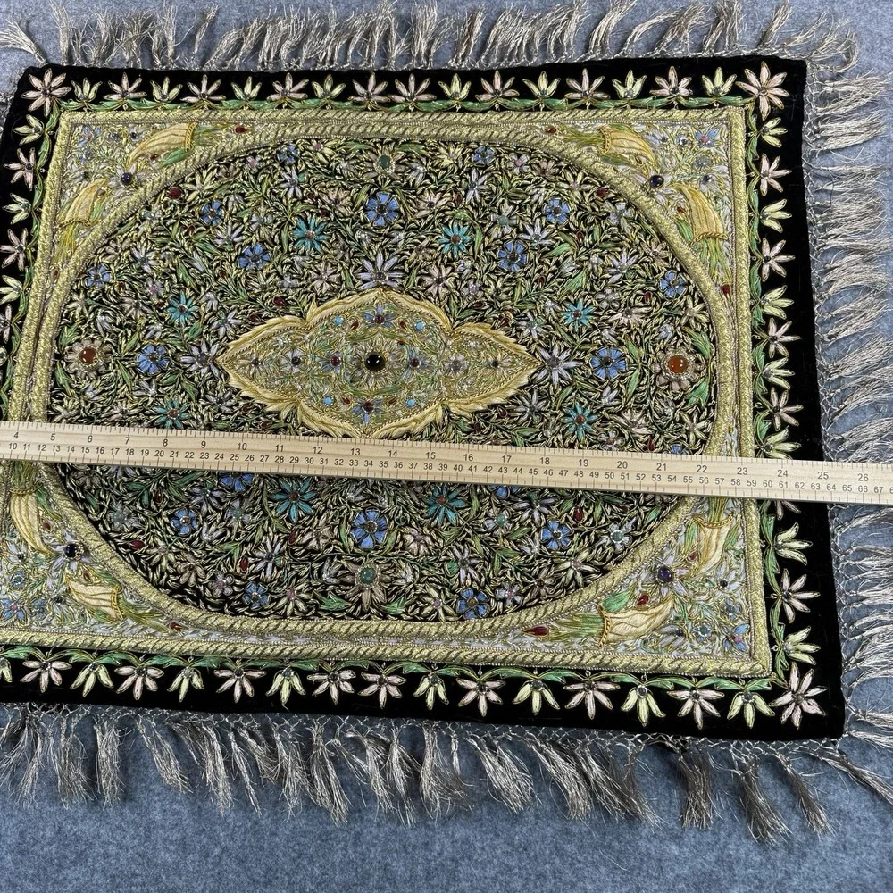 Vintage India Embroidered Wall Hanging Tapestry Beaded Ornate Black Gold Velvet